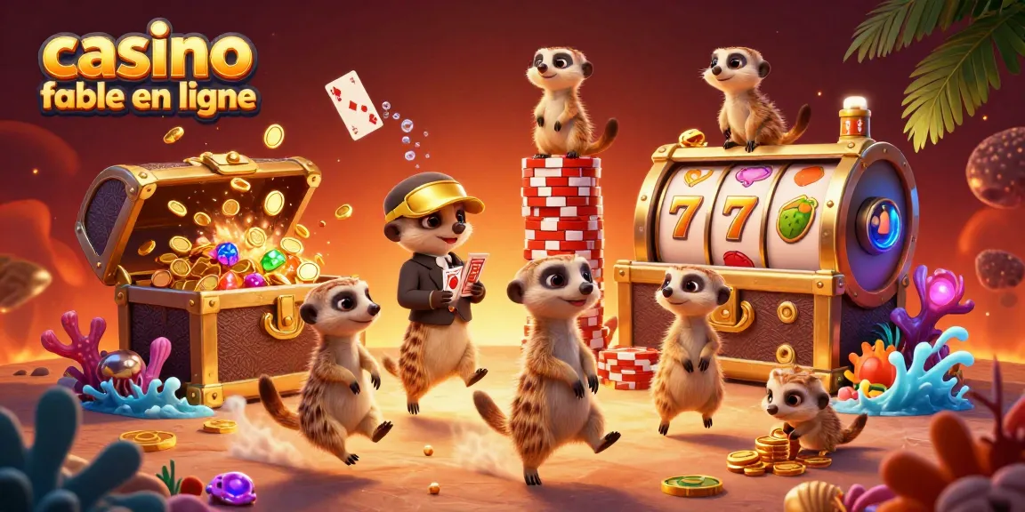 Casino fiable en ligne avec des suricates gérant des jeux de hasard dans une scène dynamique remplie de jetons et de cartes.