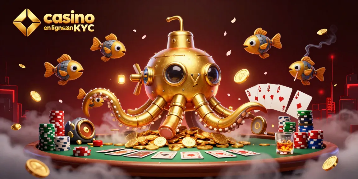 Jouez au casino en ligne sans KYC avec cette illustration 3D captivante montrant un kraken doré et des poissons mécaniques.