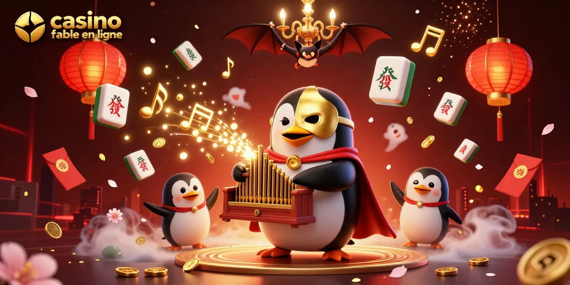 Profitez des jeux sur un casino fiable en ligne avec une illustration animée d'un pingouin jouant un orgue.