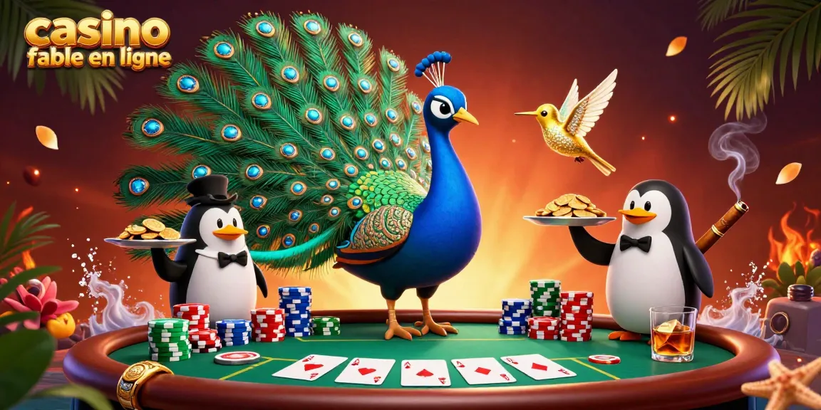 Jouer à un casino fiable en ligne avec une illustration d'un paon aristocratique et un pingouin serveur