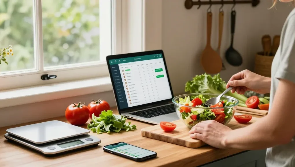 Using the best food tracking app to prepare a colorful salad in a bright kitchen.