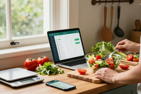 Using the best food tracking app to prepare a colorful salad in a bright kitchen.