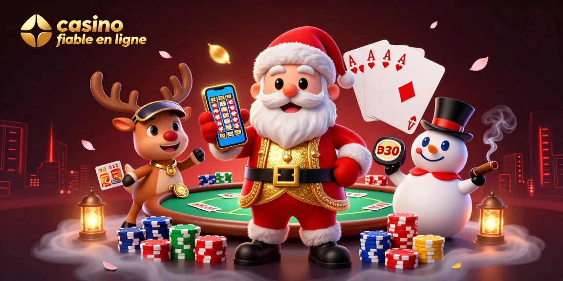 Visibilité d'un casino fiable en ligne avec un Père Noël 3D souriant, ses amis et des éléments de jeu dynamique.