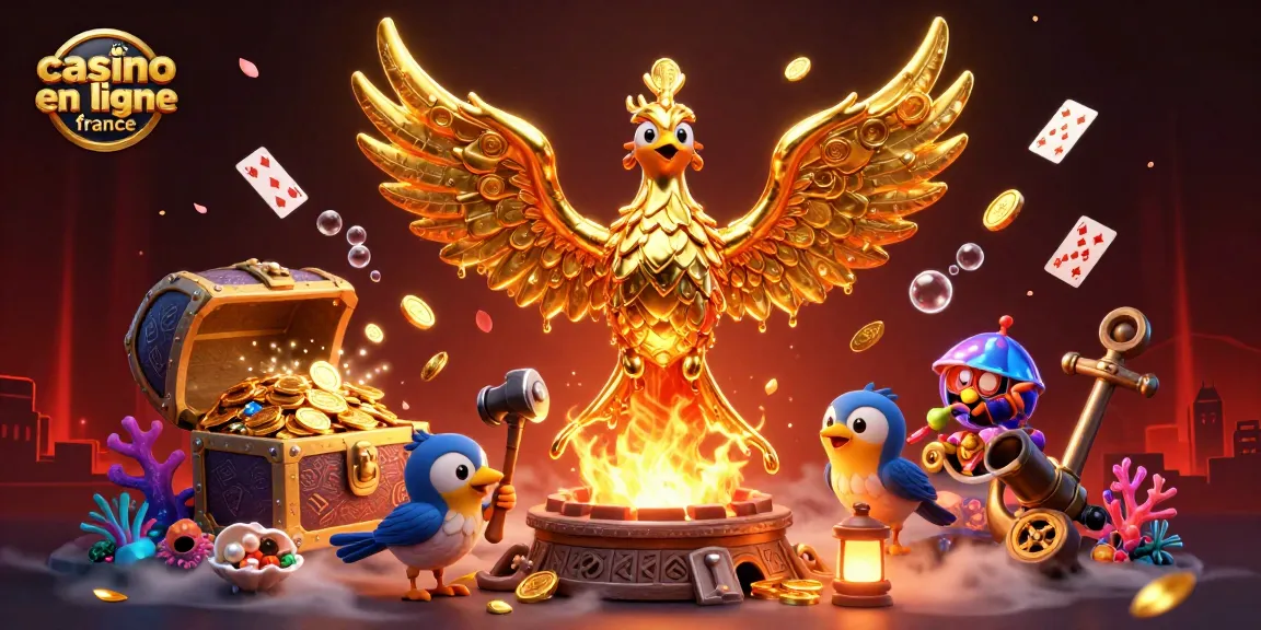 Assistez à la magie du meilleur casino en ligne France avec un phénix doré émergeant, entouré de richesses.