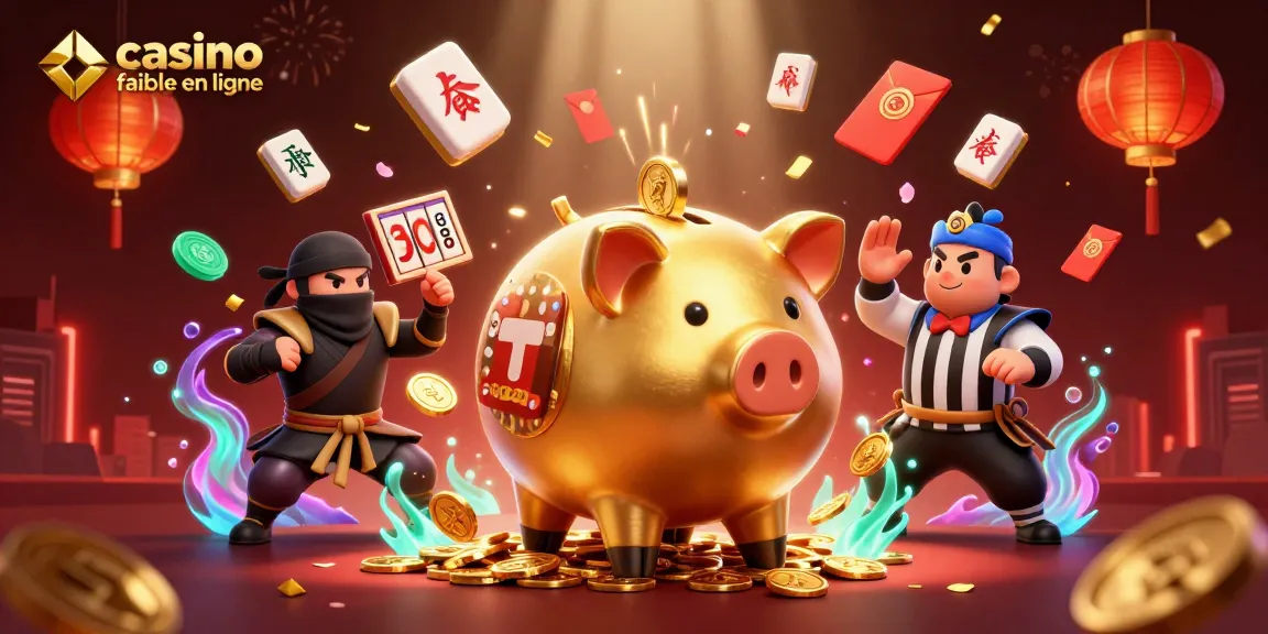 Illustration dynamique de personnages de casino fiable en ligne avec un sumo et un ninja entourés d'éléments de jeux