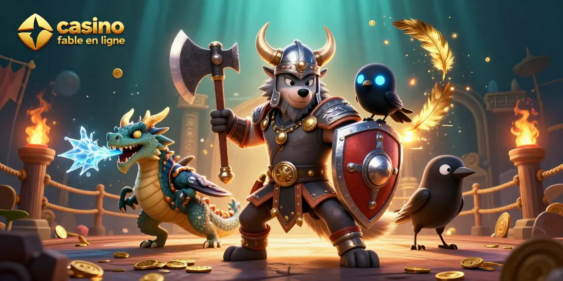 Visualisez un combat épique dans un casino fiable en ligne avec un guerrier loup viking, un dragon et un corbeau.