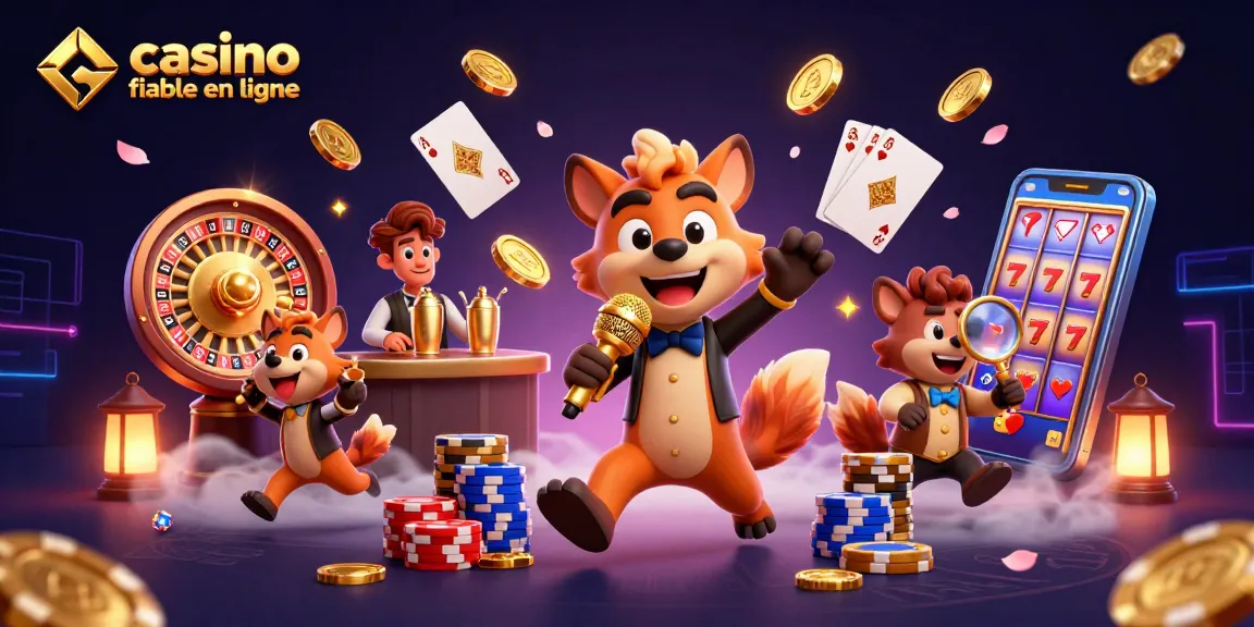 Visualisez un casino fiable en ligne avec une scène animée de hyènes, un humoriste, un barman et un videur.