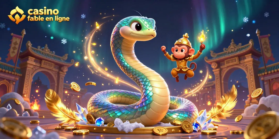 Illustration dynamique d'un casino fiable en ligne avec un serpent coloré et un roi singe, entouré de jetons d'or.