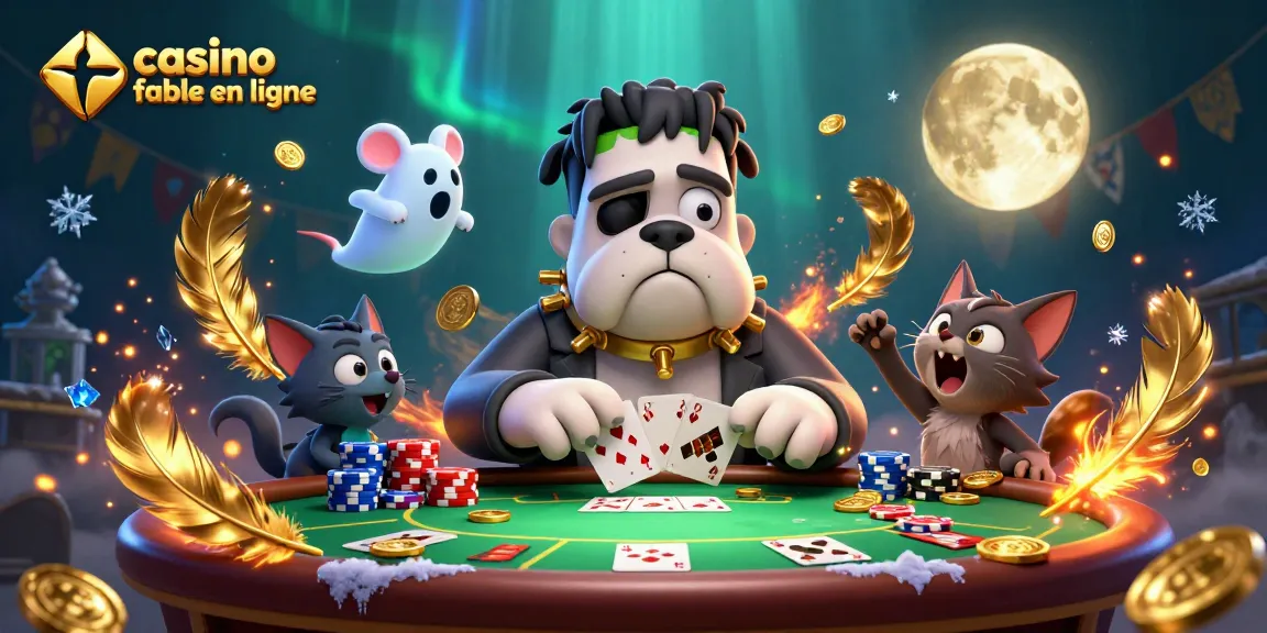 Jouer à casino fiable en ligne avec un Bulldog Frankenstein lors d'une partie de cartes animée.