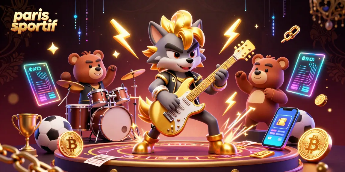 Pari sportif avec un loup rock star et un ours batteur sur scène, entourés d'éléments de jeu.