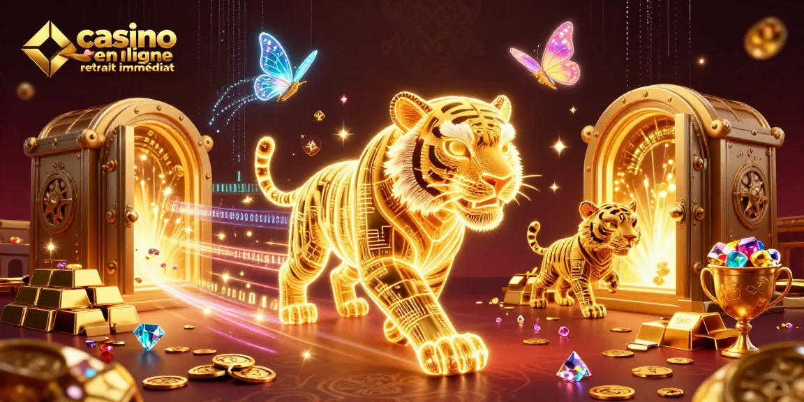 Illustration 3D de casino en ligne retrait immédiat, montrant un tigre doré néon dans un paysage numérique avec des trésors.