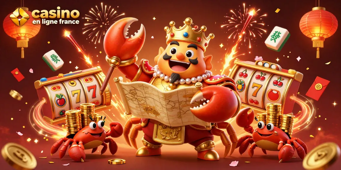 Le casino en ligne France célèbre avec un crabe impérial entouré de jetons d'or et de machines à sous.