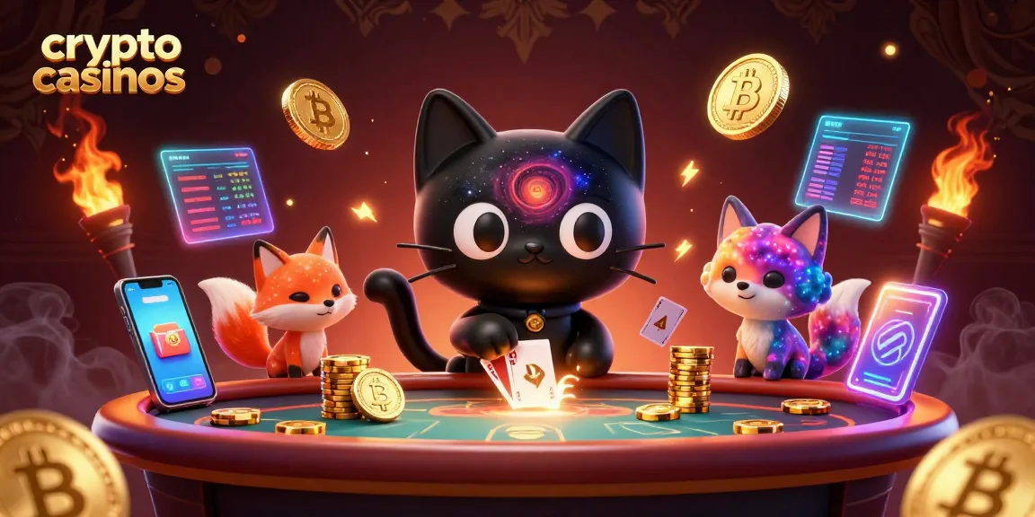 Découvrez les crypto casinos animés par un chat noir trou de ver, entouré de pièces Bitcoin et Ethereum.