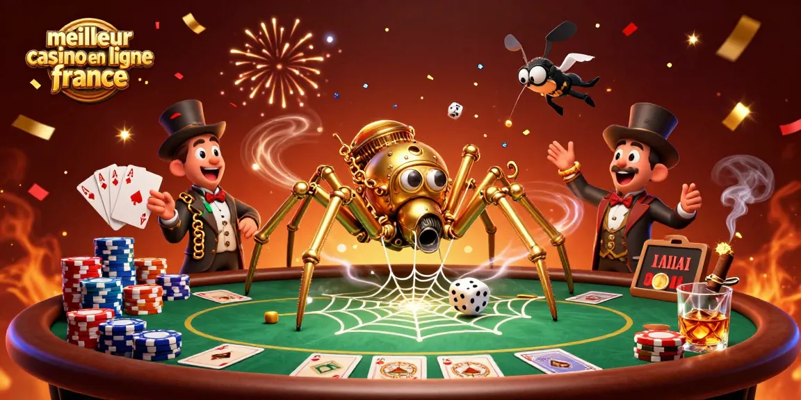 Illustration représentant le meilleur casino en ligne France avec une araignée dorée steampunk construisant une toile de jetons de poker.