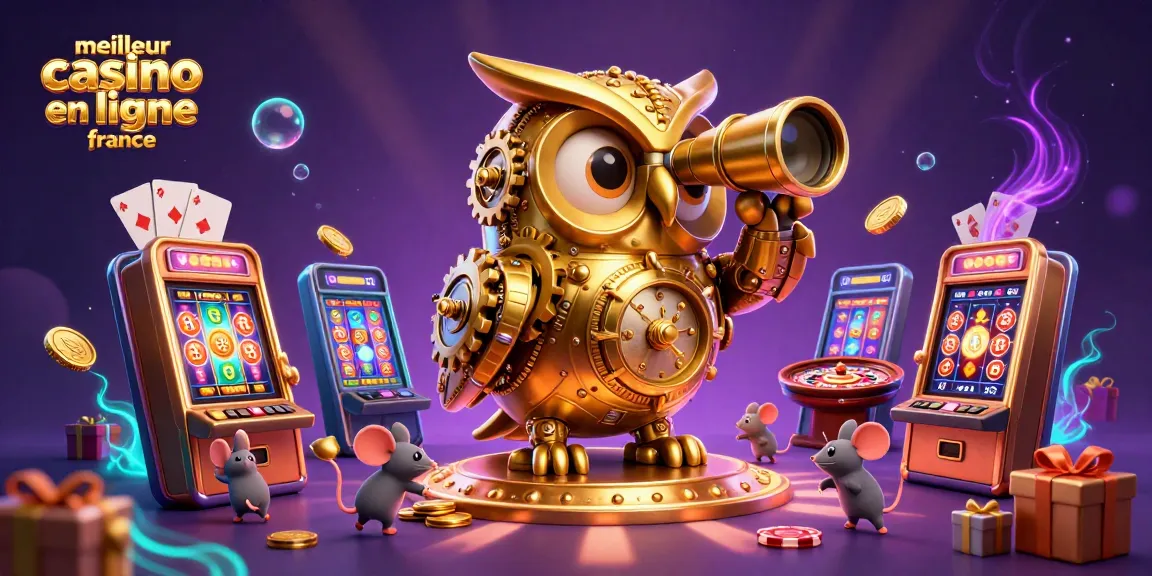 Illustration d'un meilleur casino en ligne France avec un hibou et des souris jouant aux machines à sous.