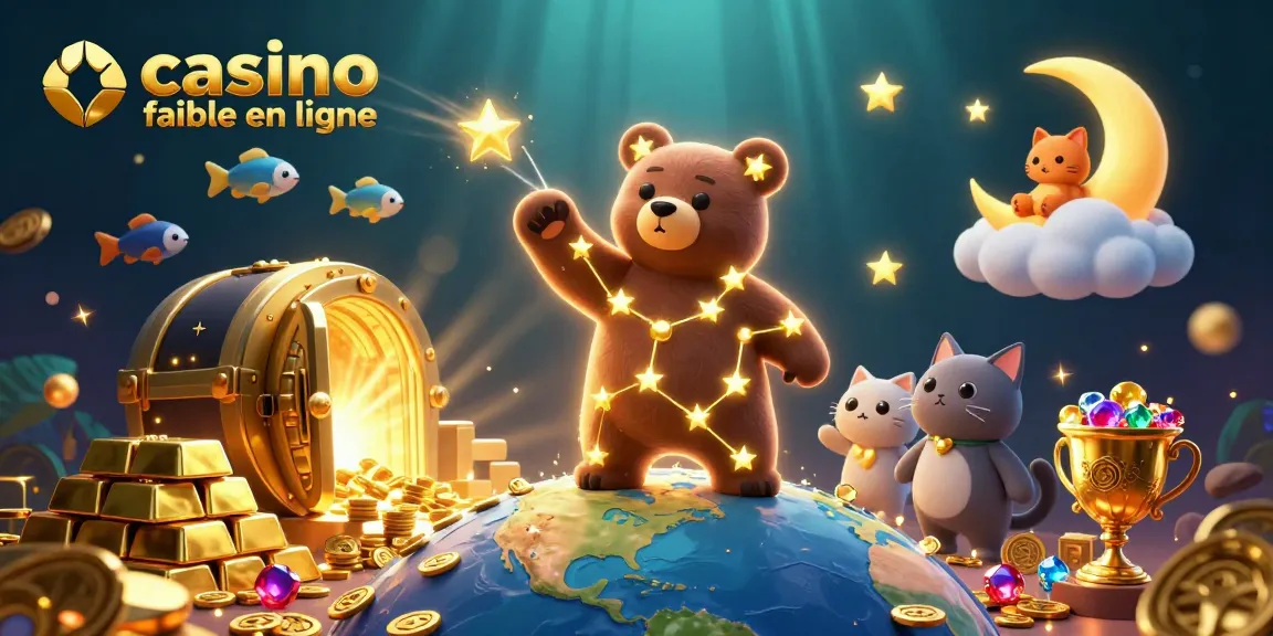 Jeux captivants au casino fiable en ligne illustrés par un ours constellation, des poissons filants, et des joyaux étincelants.